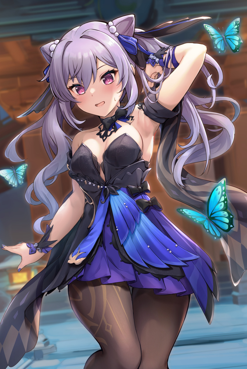 1girl absurdres arm_behind_head armpits bare_shoulders black_bow black_bowtie black_dress blush bow bowtie brown_legwear bug butterfly double_bun dress genshin_impact hair_bun hair_ornament highres keqing_(genshin_impact) looking_at_viewer multicolored_clothes multicolored_dress nail_polish official_alternate_costume open_mouth pantyhose purple_eyes purple_hair samoore solo sweatdrop twintails