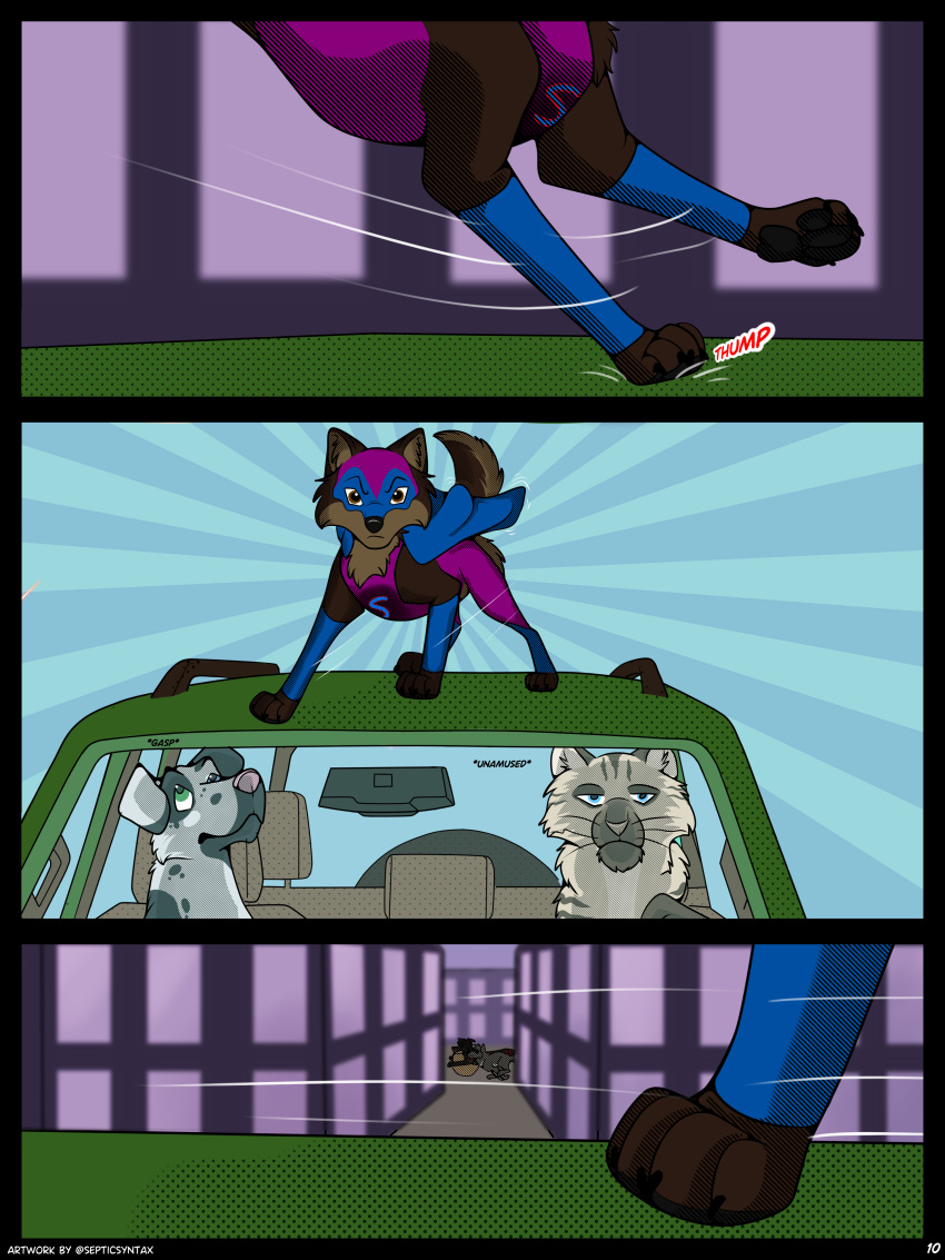 3:4 4_toes absurd_res black_body black_fur black_nose black_pawpads blue_eyes brown_body brown_eyes brown_fur canid canine canis cape car cheek_tuft claws clothed clothed_feral clothing comic comic_panel costume day detailed_background dialogue digital_drawing_(artwork) digital_media_(artwork) domestic_dog driving english_text eyebrows eyewear facial_tuft feet felid feline felis feral front_view fur german_shepherd grey_body grey_fur herding_dog hi_res mammal mask multicolored_body multicolored_fur multiple_poses multiple_scenes neck_tuft nordic_sled_dog outside pantherine pastoral_dog pawpads paws pose quadruped sage_(kaerfflow) septicsyntax snow_(character) spitz superhero superhero_costume text tiger toe_claws toes tuft vehicle