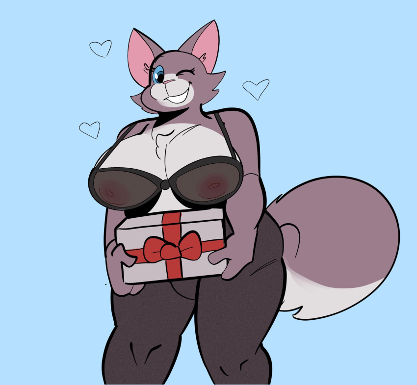 &lt;3 2022 anthro big_breasts blue_background blue_eyes breasts chest_tuft cleavage clothed clothing domestic_cat felid feline felis female front_view fur gift grey_body grey_fur grin hi_res holding_gift holding_object looking_at_viewer mammal nipples one_eye_closed portrait samoyena simple_background smile solo tabatha_(samoyena) three-quarter_portrait translucent translucent_clothing tuft wink