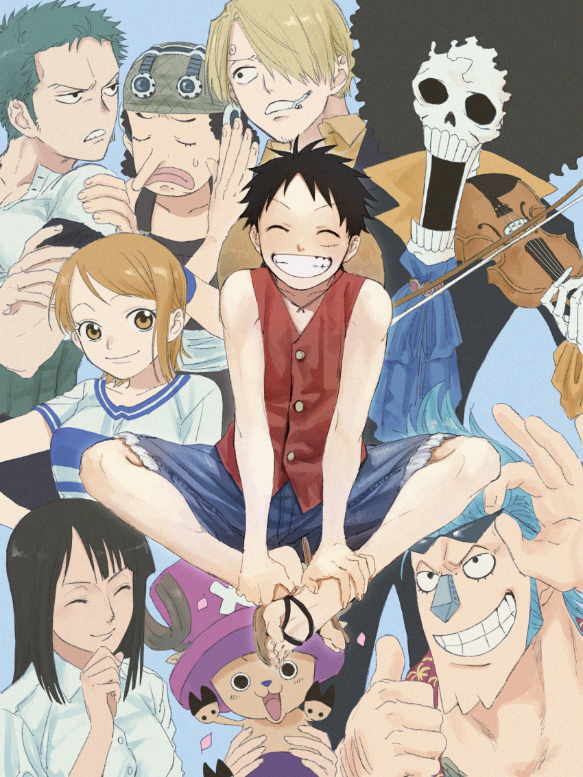 2girls 6+boys absurdres afro antlers bare_shoulders black_eyes black_hair blonde_hair breasts brown_eyes cigarette cleavage closed_eyes commentary_request crossed_arms facial_hair green_hair grin hair_over_one_eye hat highres instrument long_hair long_nose looking_at_viewer monkey_d._luffy multiple_boys multiple_girls music nami_(one_piece) nico_robin one_piece open_mouth orange_hair pirate playing_instrument reindeer roronoa_zoro sanji scar shirt short_hair skeleton smile straw_hat straw_hat_pirates sunglasses teeth thumbs_up tony_tony_chopper urasanmyaku usopp violin