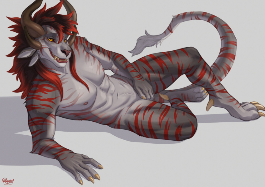 anthro charr claws digital_media_(artwork) felid feline guild_wars looking_at_viewer lying maaia male mammal muscular_body solo striped_body stripes tail_fur tail_tuft tuft video_games