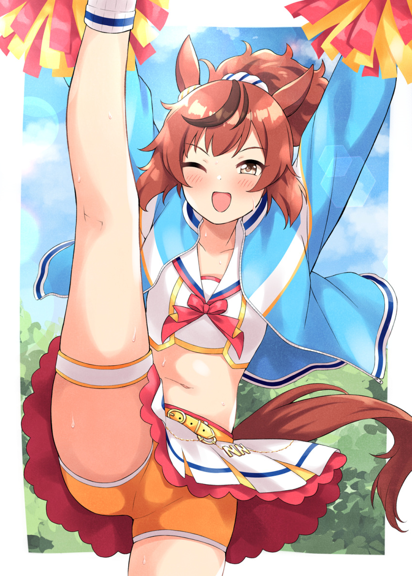 alternate_costume alternate_hairstyle animal_ears arms_up belt brown_eyes cheerleader commentary_request dekosuke highres horse_ears horse_tail leg_up navel nice_nature_(run&amp;win)_(umamusume) nice_nature_(umamusume) one_eye_closed pom_pom_(cheerleading) ponytail red_hair shorts tail umamusume