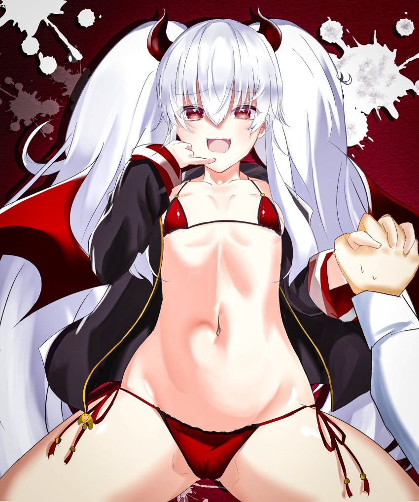 1girl :d bangs bikini black_shirt bombergirl breasts cleavage demon_girl demon_horns demon_tail demon_wings evo_grim girl_on_top grim_aloe highres holding_hands horns long_hair looking_at_viewer micro_bikini mizuppoi navel open_clothes open_mouth open_shirt quiz_magic_academy quiz_magic_academy_the_world_evolve red_bikini red_eyes red_horns red_tail red_wings shirt small_breasts smile spread_legs stain swimsuit tail twintails white_hair wings