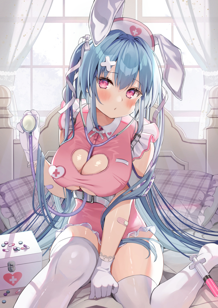 1girl animal_ears bandaid bandaid_on_arm bangs beniko_(ymdbnk) between_breasts blue_hair blush bow breasts cleavage cleavage_cutout clothing_cutout collared_dress commentary_request curtains dress eyebrows_visible_through_hair frilled_dress frilled_pillow frills gloves hair_between_eyes hair_bow hair_ornament hat heart_cutout highres holding large_breasts no_shoes nurse nurse_cap original parted_lips pill pillow pink_dress pink_eyes plaid_pillow rabbit_ears sleeveless sleeveless_dress solo stethoscope syringe thighhighs transparent white_bow white_gloves white_headwear white_legwear window x_hair_ornament