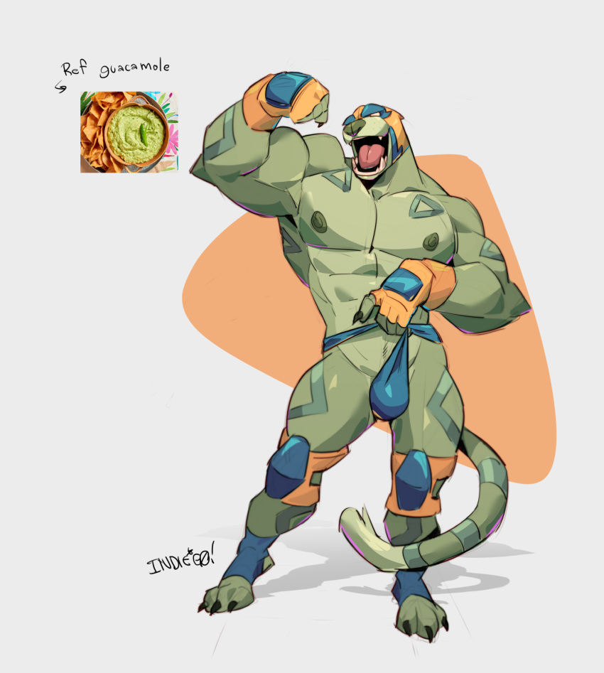 anthro arts_of_indiego clothing felid flexing food guacamole handwear hi_res jaguar knee_pads male mammal mask muscular muscular_anthro muscular_male nipples open_mouth pantherine pecs simple_background solo standing underwear white_background