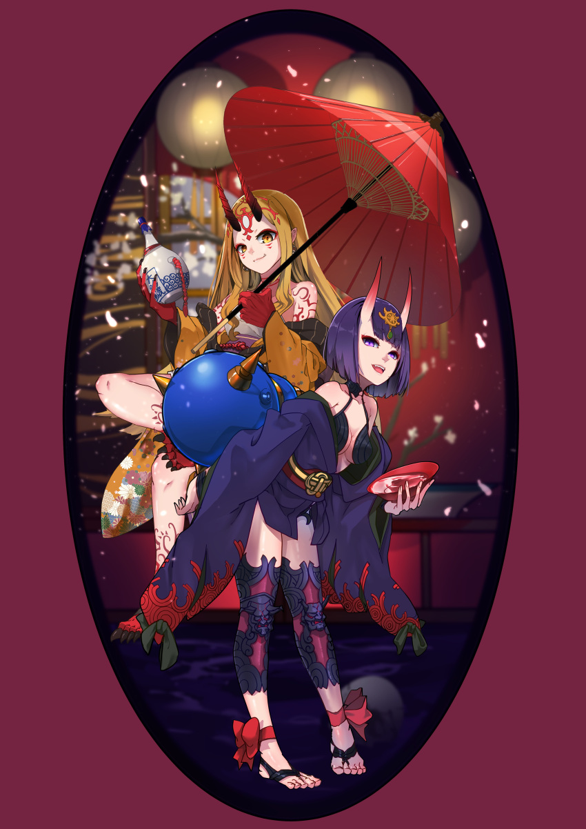 2girls absurdres alcohol ankle_ribbon bangs bare_shoulders barefoot_sandals blonde_hair bob_cut bottle breasts cherry_blossoms crossed_legs cup eyebrows_visible_through_hair eyeliner facial_mark fate/grand_order fate_(series) fingernails forehead_mark gourd headpiece highres holding holding_bottle holding_cup holding_umbrella horns ibaraki_douji_(fate) japanese_clothes kimono leaning_forward leg_ribbon long_hair long_sleeves looking_at_viewer makeup medium_breasts multiple_girls oil-paper_umbrella oni oni_horns open_clothes open_kimono open_mouth oval_background pointy_ears purple_eyes purple_hair purple_kimono red_background revealing_clothes ribbon sakazuki sake sake_bottle sharp_fingernails sharp_toenails shin_guards short_eyebrows short_hair shuten_douji_(fate) sitting skin-covered_horns smile tattoo terasako toenails umbrella wide_sleeves yellow_eyes yellow_kimono