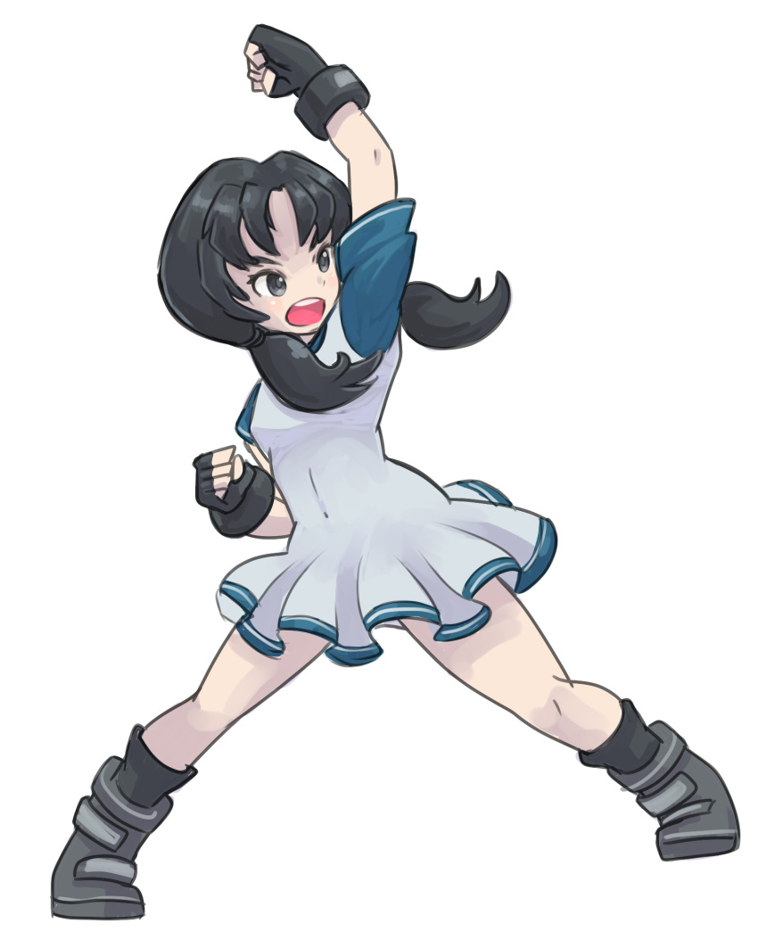 1girl black_eyes black_hair breasts dragon_ball dragon_ball_z fingerless_gloves full_body gloves highres long_hair okera open_mouth shirt simple_background solo twintails videl white_background white_shirt