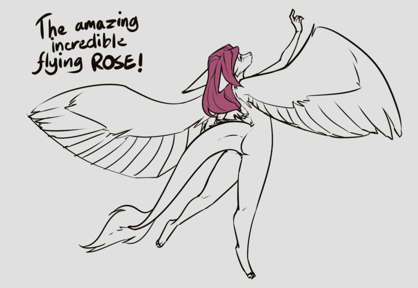 butt digitigrade dra'essa english_text female feretta hair looking_away mammal meeka_rose pink_hair prehensile_tail sketch text tumblr wings