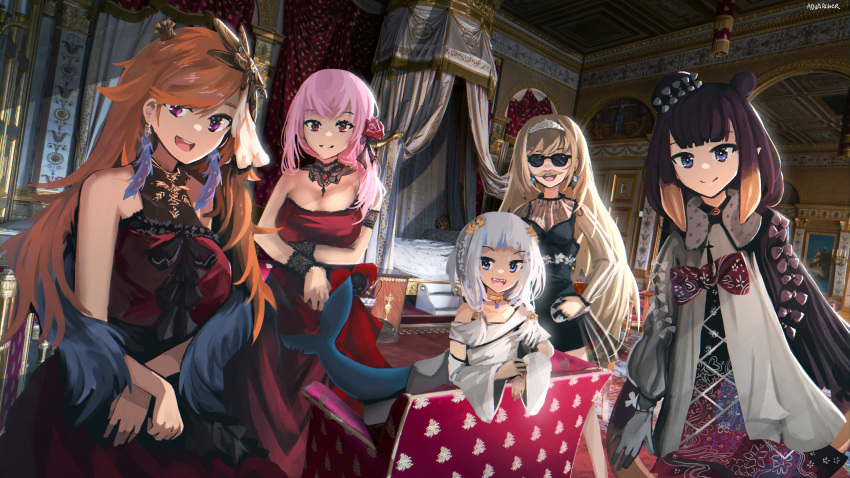 5girls absurdres anonamos bangs bed black_dress blonde_hair blue_eyes breasts candelabra canopy_bed choker cleavage couch curtains day dress dutch_angle earrings fake_facial_hair fake_mustache feather_earrings feathers fish_tail gawr_gura grin hallway highres hololive hololive_english holomyth indoors jewelry large_breasts long_hair looking_at_viewer low-tied_long_hair mansion mori_calliope multiple_girls ninomae_ina'nis official_alternate_costume open_mouth orange_hair painting_(object) pink_eyes pink_hair purple_eyes purple_hair red_dress shark_tail sidelocks smile swept_bangs tail takanashi_kiara tentacle_hair very_long_hair virtual_youtuber watson_amelia white_dress white_hair