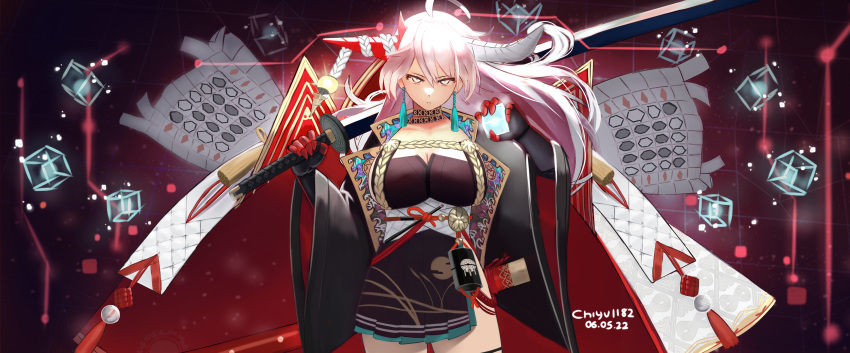 1girl absurdres armor artist_name asymmetrical_horns azur_lane breasts brown_sash chiyu1182 chiyu_1182 cleavage coat dated dress earrings hair_on_horn hakuryuu_(azur_lane) highres horns japanese_armor jewelry large_breasts mental_cube_(azur_lane) multiple_horns ootachi open_clothes open_coat over_shoulder pleated_dress red_horns sakuramon sash solo standing suneate sword sword_over_shoulder weapon weapon_over_shoulder white_coat white_eyes white_horns white_sash wide_sleeves