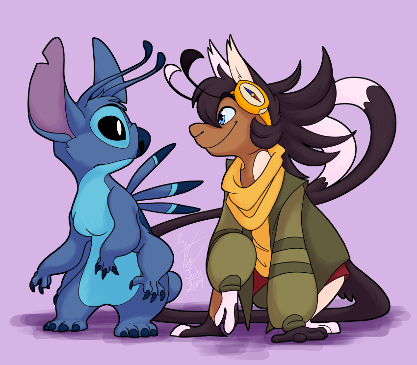 2019 4_arms 4_fingers 4_toes absurd_res alien ambiguous_gender antennae_(anatomy) back_spines black_eyes blue_body blue_eyes blue_fur blue_nose chest_tuft claws clothed clothing cryptokinku daekrin dipstick_antennae dipstick_tail disney duo experiment_(lilo_and_stitch) eye_contact feet finger_claws fingers fur hair head_tuft hi_res kit_(cryptokinku) lilo_and_stitch long_tail looking_at_another looking_away male_(lore) markings multi_arm multi_limb multicolored_antennae notched_ear pupils purple_background signature simple_background small_tail smile standing stitch_(lilo_and_stitch) tail_markings toe_claws toes tuft white_pupils