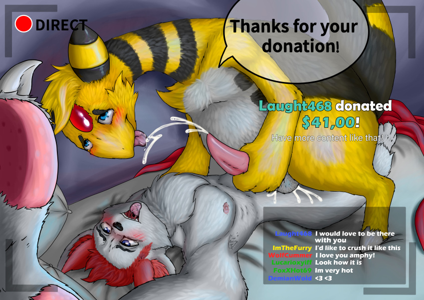 absurd_res ampharos anal anthro anthro_on_anthro blush bodily_fluids canid canine cody_yoshida_(character) cum cum_in_ass cum_inside dialogue donation_alert duo fox genital_fluids genitals hi_res laught468 looking_pleasured male male/male mammal nintendo penis pok&eacute;mon pok&eacute;mon_(species) recording tapering_penis video_games