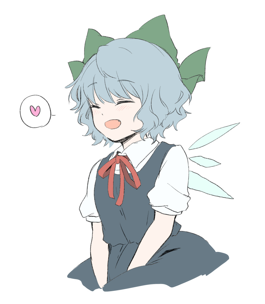 1girl :d ^_^ bangs blue_dress blue_hair blush bow cirno closed_eyes collared_shirt cropped_legs dress eyebrows_visible_through_hair fairy_wings green_bow hair_bow heart highres kuromame_(8gou) neck_ribbon open_mouth pinafore_dress puffy_short_sleeves puffy_sleeves red_ribbon ribbon shirt short_hair short_sleeves simple_background sitting smile solo speech_bubble spoken_heart touhou white_background white_shirt wings