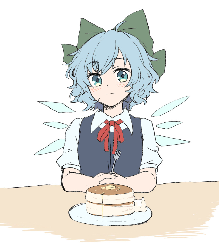 1girl :| bangs blue_dress blue_eyes blue_hair blush bow cirno closed_mouth collared_shirt dress expressionless eyebrows_visible_through_hair fairy_wings food fork green_bow hair_bow highres holding holding_fork kuromame_(8gou) looking_at_viewer neck_ribbon pinafore_dress plate puffy_short_sleeves puffy_sleeves red_ribbon ribbon shirt short_hair short_sleeves simple_background smile solo swept_bangs table touhou upper_body white_background white_shirt wings