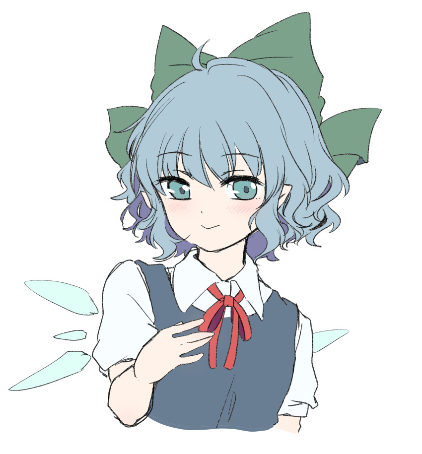 1girl bangs blue_dress blue_eyes blue_hair blush bow cirno closed_mouth collared_shirt cropped_torso dress eyebrows_visible_through_hair fairy_wings green_bow hair_between_eyes hair_bow highres kuromame_(8gou) looking_at_viewer neck_ribbon pinafore_dress puffy_short_sleeves puffy_sleeves red_ribbon ribbon shirt short_hair short_sleeves simple_background smile solo touhou upper_body wavy_hair white_background white_shirt wings