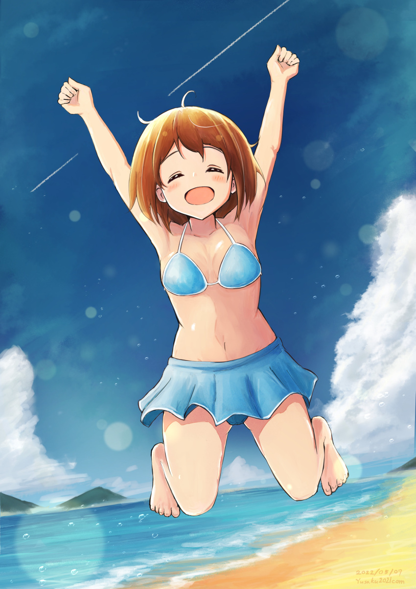 1girl absurdres ahoge arms_up barefoot beach bikini bikini_skirt blue_bikini blue_skirt blue_sky blush breasts brown_hair closed_eyes cloud collarbone commentary_request full_body happy highres hirasawa_yui jumping k-on! mountain ocean open_mouth outdoors scenery shore short_hair skirt sky solo summer swimsuit thighs water waves yusaku2021com