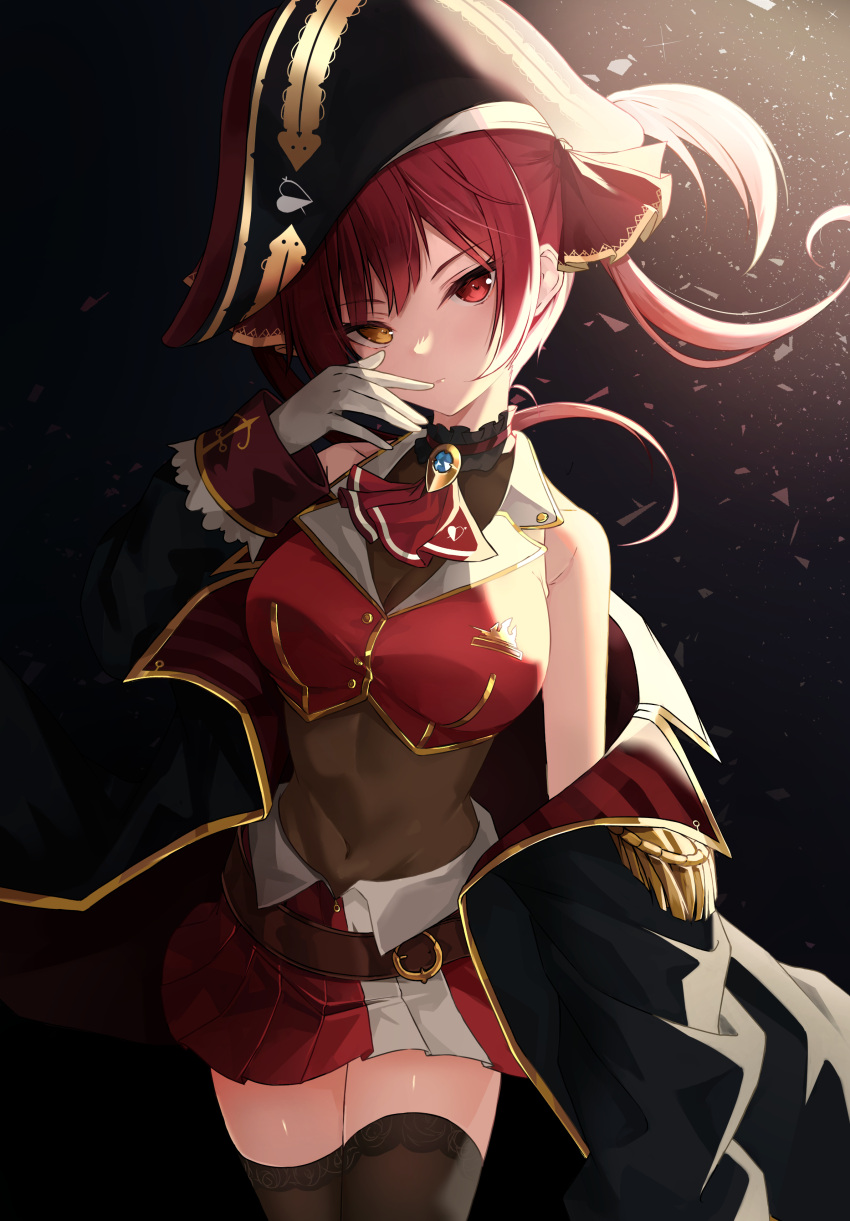 1girl absurdres ascot bicorne black_background black_coat black_legwear breasts cleavage closed_mouth coat covered_navel crop_top cropped_jacket gloves hair_ornament hair_ribbon hand_to_own_mouth hat heterochromia highres hololive houshou_marine large_breasts leotard leotard_under_clothes lisu long_hair looking_at_viewer miniskirt off_shoulder pirate_hat red_eyes red_hair red_skirt ribbon see-through_leotard shirt skirt sleeveless sleeveless_jacket solo thighhighs twintails virtual_youtuber white_gloves yellow_eyes