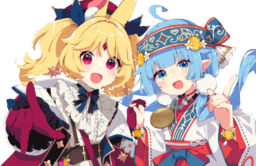 2girls :d ahoge ainu ainu_clothes aldin_nicola bangs belt belt_buckle blonde_hair blue_eyes blue_hair brown_belt buckle center_frills eyebrows_visible_through_hair flower flower-shaped_pupils forehead_jewel frills gloves hair_flower hair_ornament highres holding_hands interlocked_fingers jacket kokoroni_nonno long_hair long_sleeves mamyouda multiple_girls open_clothes open_jacket pointing pointing_at_viewer red_eyes red_gloves red_jacket seventh_happiness shirt short_eyebrows simple_background smile symbol-shaped_pupils thick_eyebrows twintails virtual_youtuber white_background white_flower white_shirt wide_sleeves yellow_flower