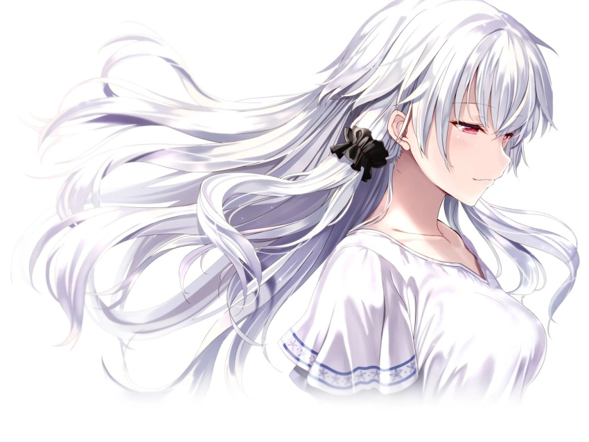 braid from_side hakuchuumu_no_aojashin non-web_source red_eyes shimofuri shirt simple_background smile solo twin_braids white_background white_hair white_shirt yonagi_(hakuchuumi_no_aojashin)