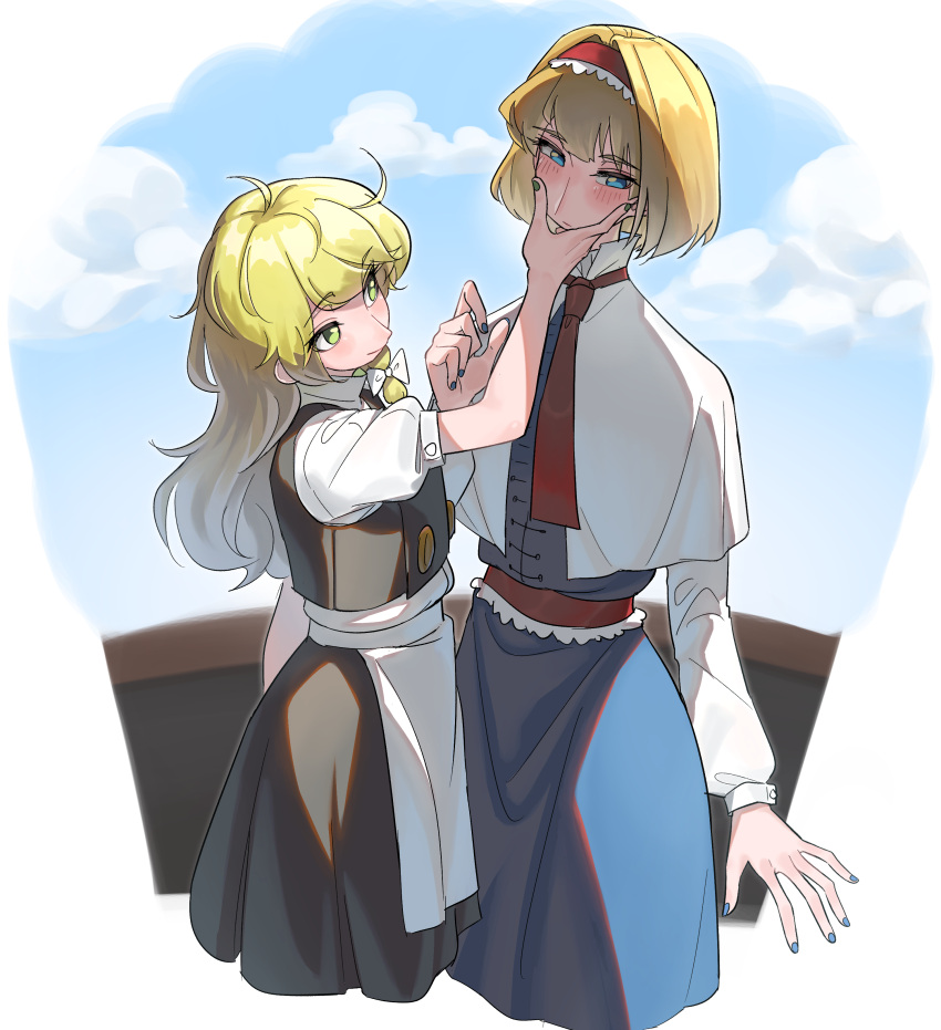 2girls absurdres ahoge alice_margatroid apron bangs black_skirt black_vest blonde_hair blue_dress blue_eyes blue_nails blush bob_cut capelet cloud cloudy_sky cropped_legs dress eyebrows_visible_through_hair frogsnake green_nails hairband hand_on_another's_cheek hand_on_another's_face highres kirisame_marisa long_hair looking_at_another looking_away multiple_girls necktie puffy_short_sleeves puffy_sleeves red_hairband red_necktie short_hair short_sleeves skirt sky smile touhou vest waist_apron wavy_hair yellow_eyes yuri