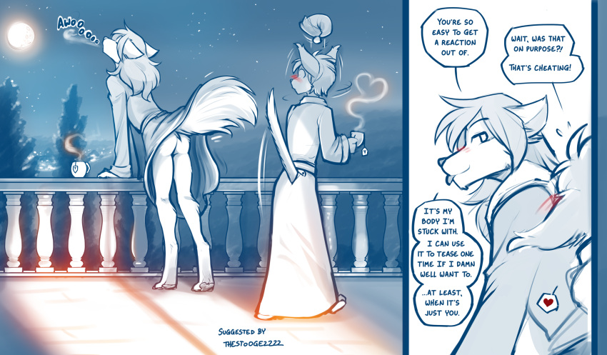 &lt;3 2022 anthro balcony barefoot basitin bathrobe blep blush bottomless bottomless_female butt canid canine canis clothed clothing comic conditional_dnp container cup dialogue digitigrade duo english_text feet female gesture hat headgear headwear hi_res holding_cup holding_object howl howling_at_the_moon keidran keith_keiser male mammal monochrome moon natani night nightcap outside public public_exposure raised_tail robe shocked sketch sky star stare tail_boner tail_gesture text tom_fischbach tongue tongue_out twokinds webcomic wolf