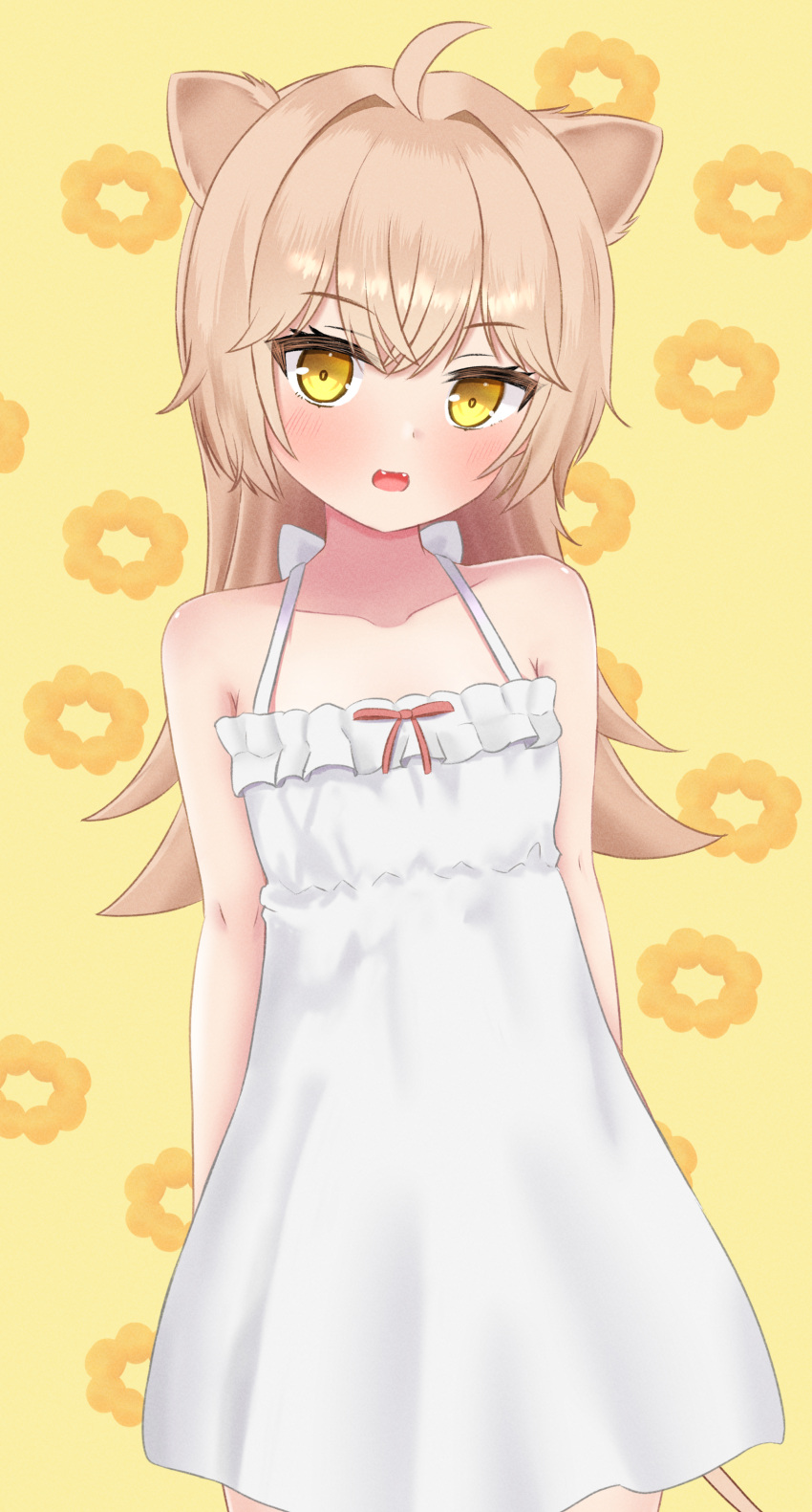 1girl absurdres ahoge animal_ears bangs bare_arms bare_shoulders brown_hair collarbone commentary_request dress eyebrows_visible_through_hair fangs food-themed_background frilled_dress frills hair_intakes highres indie_virtual_youtuber lion_ears lion_girl lion_tail long_hair looking_at_viewer michou open_mouth rurudo_lion sleeveless sleeveless_dress solo tail virtual_youtuber white_dress yellow_background yellow_eyes