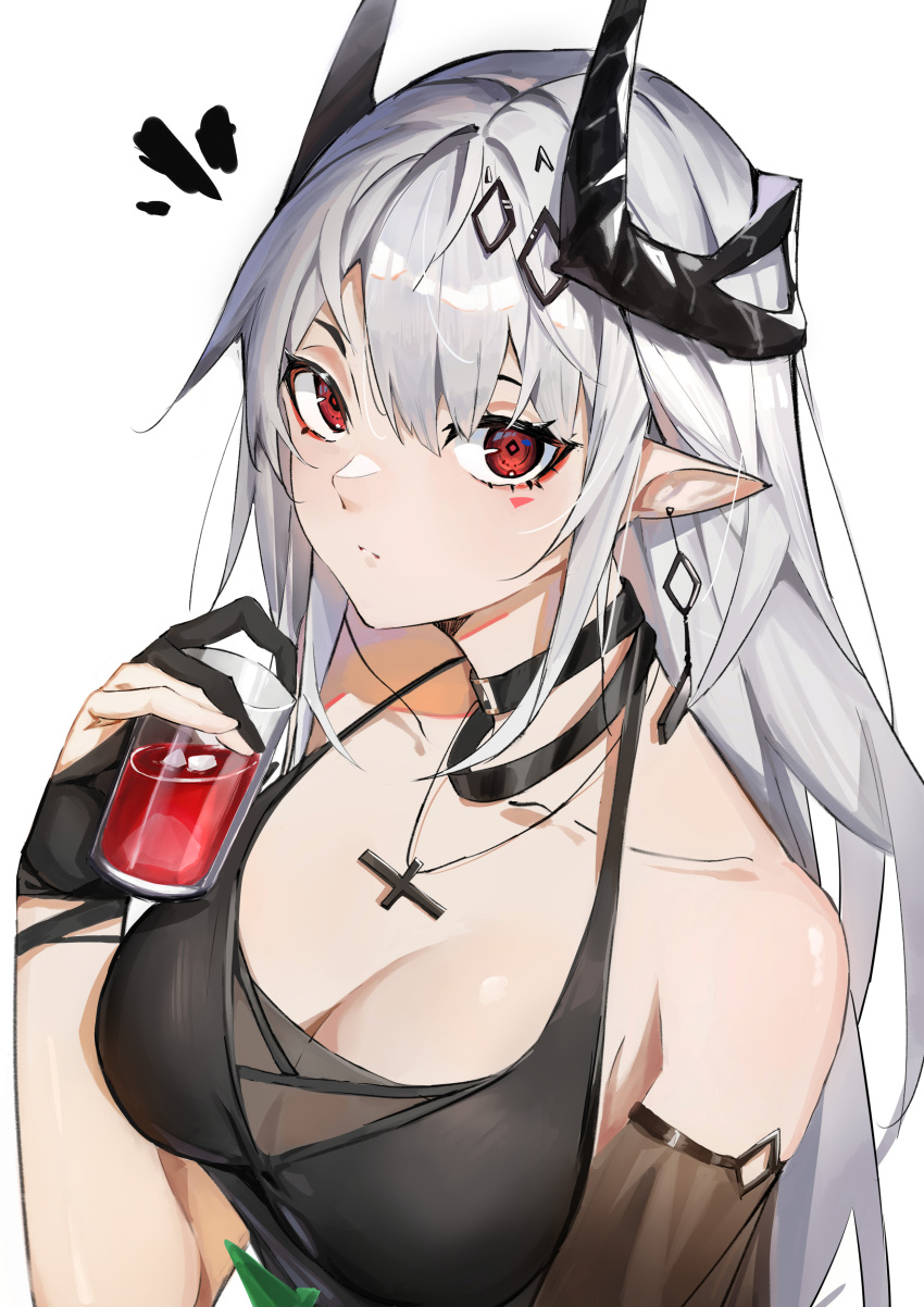 1girl ^^^ absurdres arknights bare_shoulders black_dress black_gloves breasts cleavage closed_mouth collar collarbone cross cross_necklace cup detached_sleeves dress drink drinking_glass earrings facial_mark from_above gloves hair_ornament highres holding holding_cup horns ice ice_cube jewelry large_breasts looking_at_viewer looking_up mudrock_(obsidian)_(arknights) necklace notice_lines partially_fingerless_gloves pointy_ears red_eyes short_sleeves solo soranoki upper_body