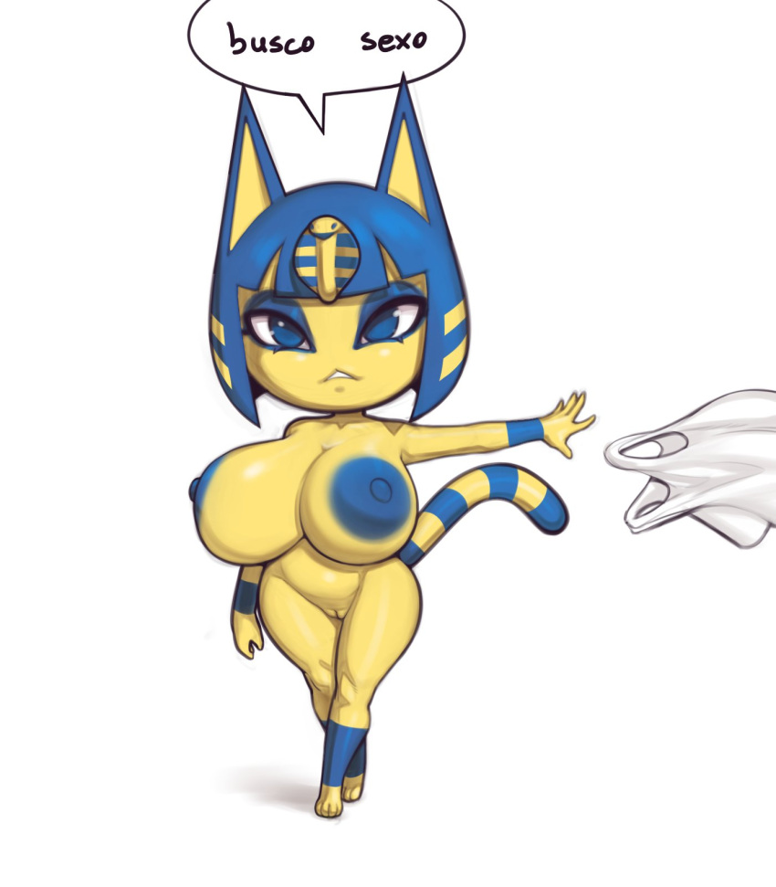 animal_crossing ankha_(animal_crossing) anthro big_breasts blue_hair breasts domestic_cat felid feline felis female genitals hair hi_res huge_breasts mammal nintendo plantpenetrator pussy short_stack simple_background solo video_games white_background