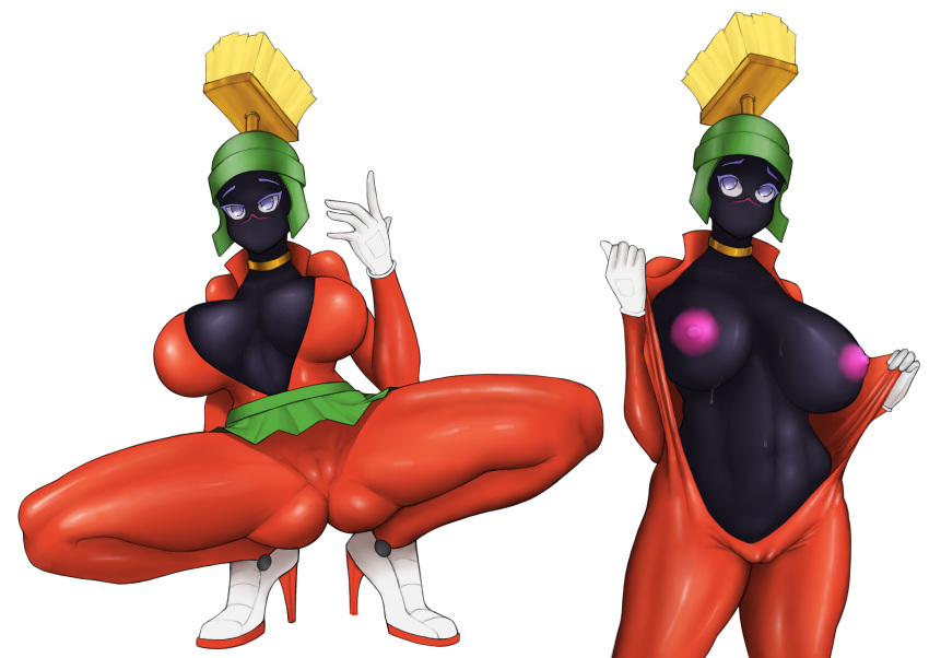 abs absurd_res alien alien_humanoid alternate_costume big_breasts bodily_fluids breasts camel_toe cleavage clothed clothing clothing_swap crouching duck_dodgers female hi_res high_heels huge_breasts humanoid jumpsuit looking_at_viewer looney_tunes martian marvin_the_martian mouthless not_furry partially_clothed queen_tyr'ahnee simple_background solo spread_legs spreading sweat unusualdan warner_brothers white_background