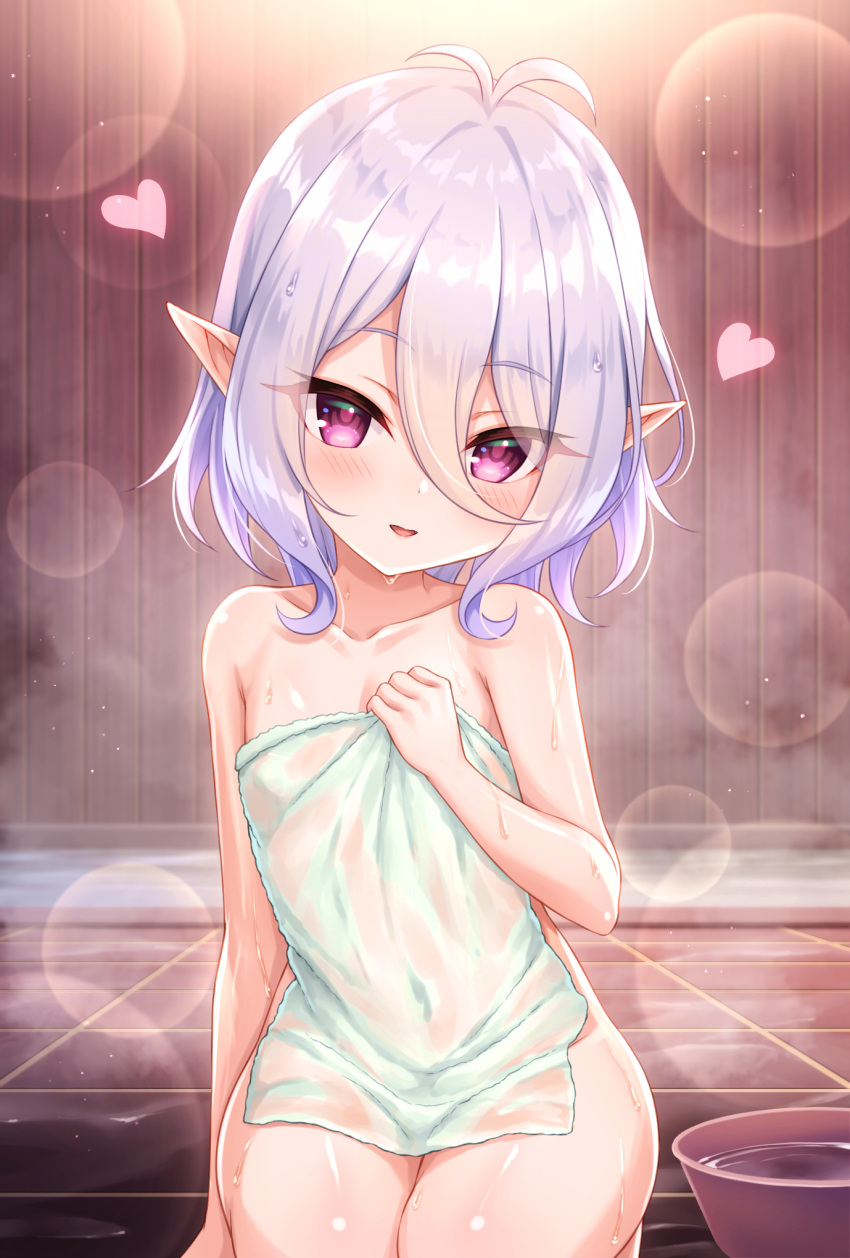 &lt;3 2021 blush elf eyebrows female glistening glistening_body glistening_skin hair hi_res holding_object holding_towel humanoid humanoid_pointy_ears kokkoro_(princess_connect!) light_hair looking_at_viewer not_furry open_mouth princess_connect! princess_connect!_re:dive solo tomo_(tmtm_mf_mf) tongue towel towel_only wet wet_body wet_skin