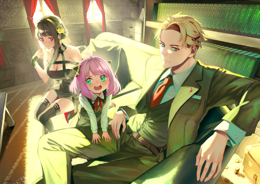 1boy 2girls :d ahoge anya_(spy_x_family) bare_shoulders belt belt_buckle black_dress black_hair black_legwear blonde_hair book bookshelf bow breasts brown_belt buckle cleavage closed_mouth collared_shirt commentary_request couch crossed_legs curtains day dress forehead green_eyes green_jacket green_pants green_vest hand_up highres indoors jacket long_hair long_sleeves looking_at_viewer medium_breasts multiple_girls necktie on_couch open_clothes open_jacket pants pillow pink_hair red_bow red_eyes red_necktie saraki shirt sitting sleeveless sleeveless_dress smile spy_x_family sunlight thighhighs twilight_(spy_x_family) vest white_shirt window yor_briar