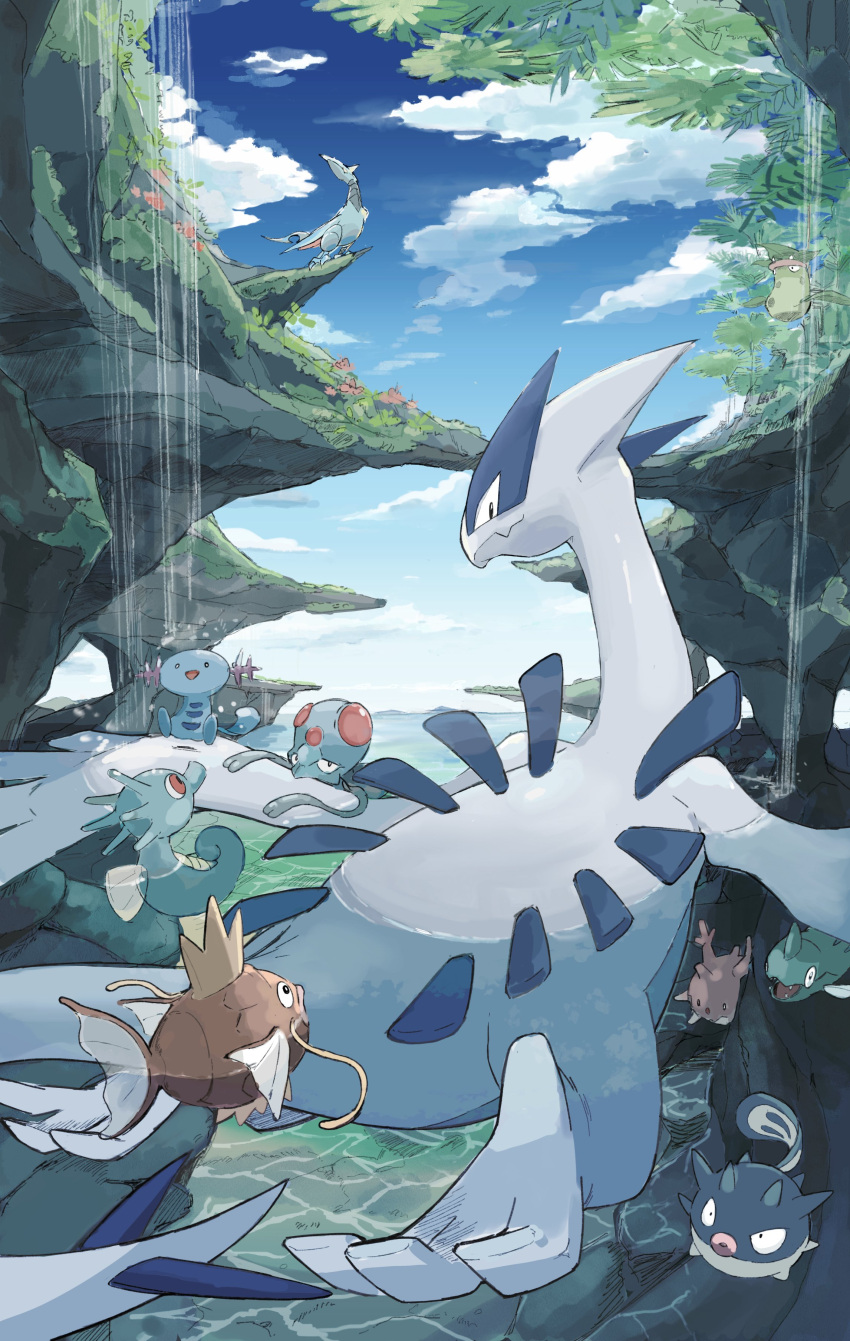 absurdres blue_sky cloud corsola day highres horsea looking_at_another looking_back lugia magikarp momota_pix nature no_humans outdoors pokemon pokemon_(creature) remoraid skarmory sky swimming tentacool underwater water waterfall wooper