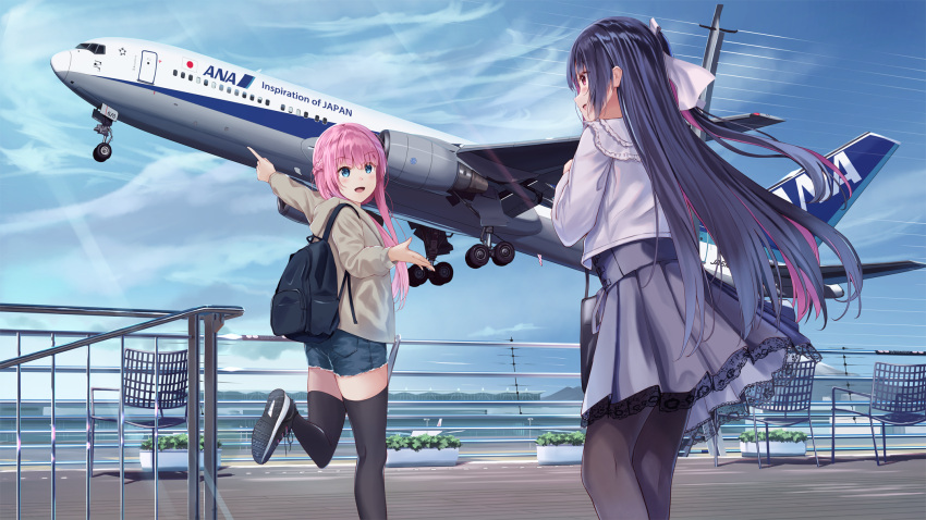 2girls 767_(airplane) aircraft airplane backpack bag bangs black_footwear black_hair black_legwear blue_eyes blue_shorts blue_sky blunt_bangs brown_jacket chair cloud commentary_request eyebrows_visible_through_hair fence grey_skirt highres holding holding_bag jacket long_hair long_sleeves looking_at_another looking_back multiple_girls original outdoors pantyhose pink_hair png_pant_(bus) pointing red_eyes shirt shoes shorts skirt sky sneakers taking_off thighhighs white_shirt