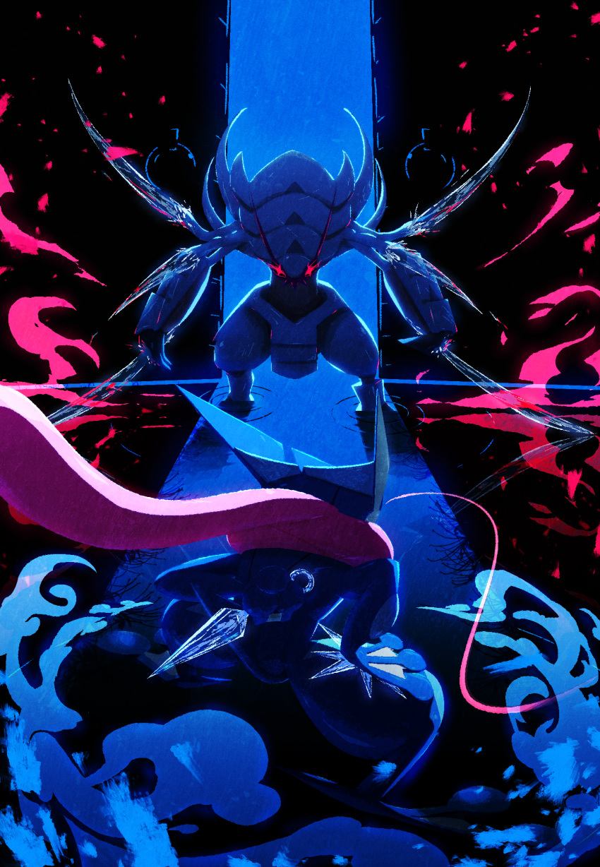 commentary_request ewokakukaede faceoff glowing glowing_eyes golisopod greninja highres pokemon pokemon_(creature) red_eyes ripples shuriken spikes standing tongue weapon