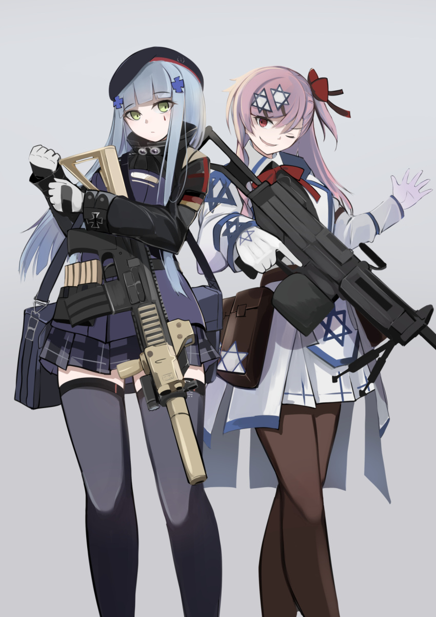 2girls arm_up assault_rifle bag bangs beret black_legwear bow chcn closed_mouth commentary_request eyebrows_visible_through_hair feet_out_of_frame girls'_frontline gloves green_eyes grey_background gun h&amp;k_hk416 hair_between_eyes hair_bow hair_ornament hair_ribbon hairclip hat hexagram highres hk416_(girls'_frontline) holding holding_gun holding_weapon imi_negev jacket long_hair looking_at_viewer messenger_bag military_jacket multiple_girls negev_(girls'_frontline) one_eye_closed one_side_up pantyhose parted_lips pink_hair plaid plaid_skirt red_bow red_eyes ribbon rifle shoulder_bag simple_background skirt smile standing star_of_david teardrop thighhighs weapon white_gloves white_hair white_skirt
