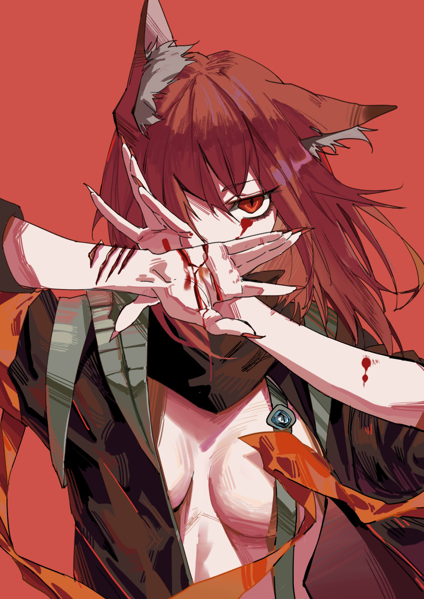 1girl absurdres animal_ear_fluff animal_ears arknights black_jacket black_scarf blood blood_on_hands breasts convenient_censoring covering_face crownslayer_(arknights) hands_up highres injury jacket mitsuguan no_shirt one_eye_covered open_clothes open_jacket red_background red_eyes red_hair scar scar_on_arm scarf simple_background small_breasts solo upper_body wolf_ears
