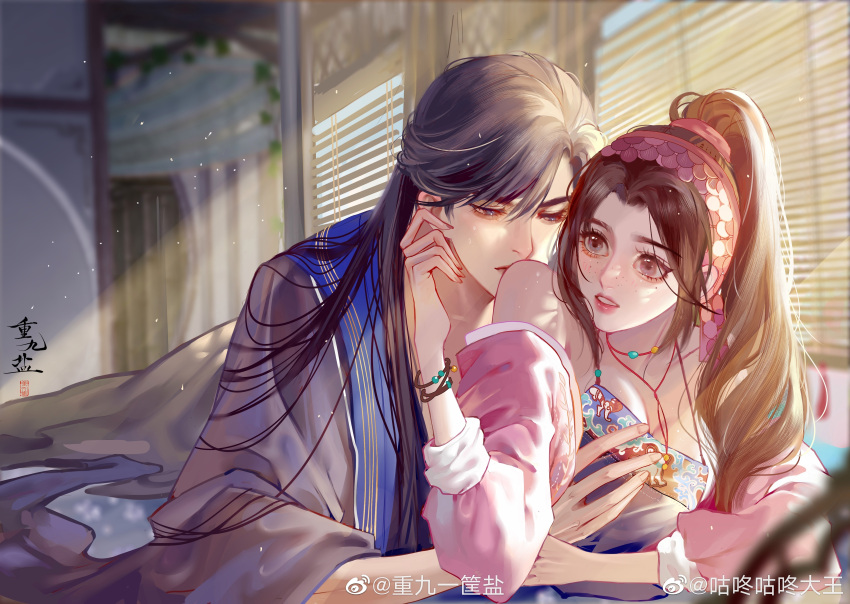 1boy 1girl absurdres bare_shoulders beads bed brown_hair freckles groping gudong_gudong_dawang hairband hand_on_another's_face highres juan_siliang kissing_shoulder light_rays ponytail string tu_li_(juan_siliang) window