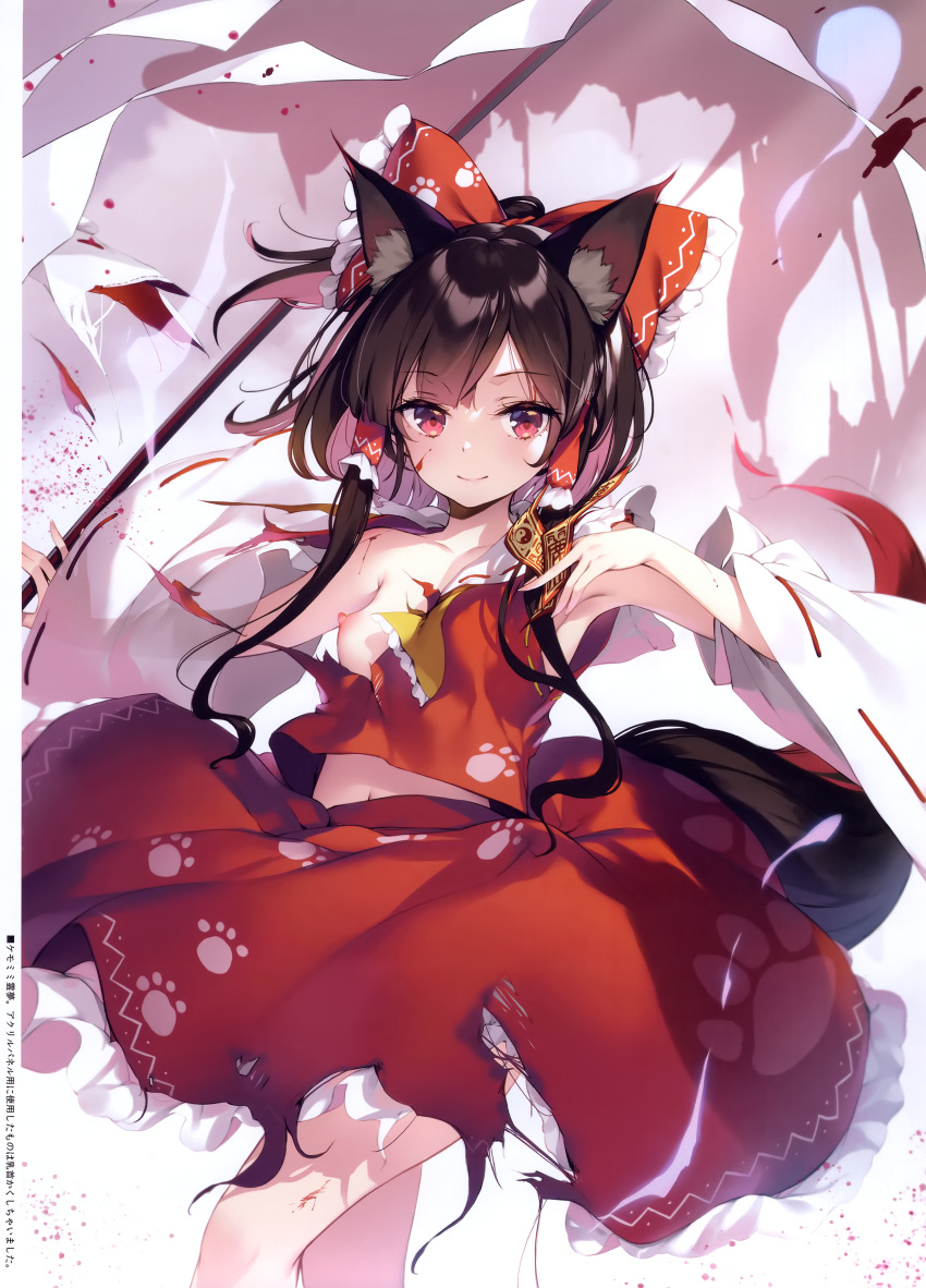 1girl absurdres animal_ear_fluff animal_ears areolae armpits arms_up ascot bangs bow breasts brown_background brown_hair closed_mouth collarbone collared_shirt detached_sleeves eyebrows_visible_through_hair frills gohei grey_background hair_ornament hair_tubes hakurei_reimu hands_up highres ke-ta long_sleeves looking_to_the_side medium_breasts navel nipples ofuda open_clothes open_shirt paw_print red_bow red_eyes red_shirt red_skirt shirt short_hair skirt smile solo standing tail touhou white_background wide_sleeves wolf_ears wolf_tail yellow_ascot