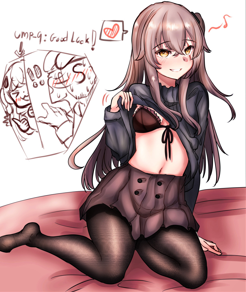 ! !! 1boy 2girls absurdres bed_sheet black_bra black_legwear black_skirt black_sweater blush bra breasts brown_hair clothes_lift english_commentary english_text eyebrows_visible_through_hair front-tie_bra girls'_frontline heart highres long_hair multiple_girls one_side_up pantyhose peroronti s-head_commander scar scar_across_eye simple_background skirt small_breasts speech_bubble sweat sweater ump45_(girls'_frontline) ump9_(girls'_frontline) underwear yellow_eyes