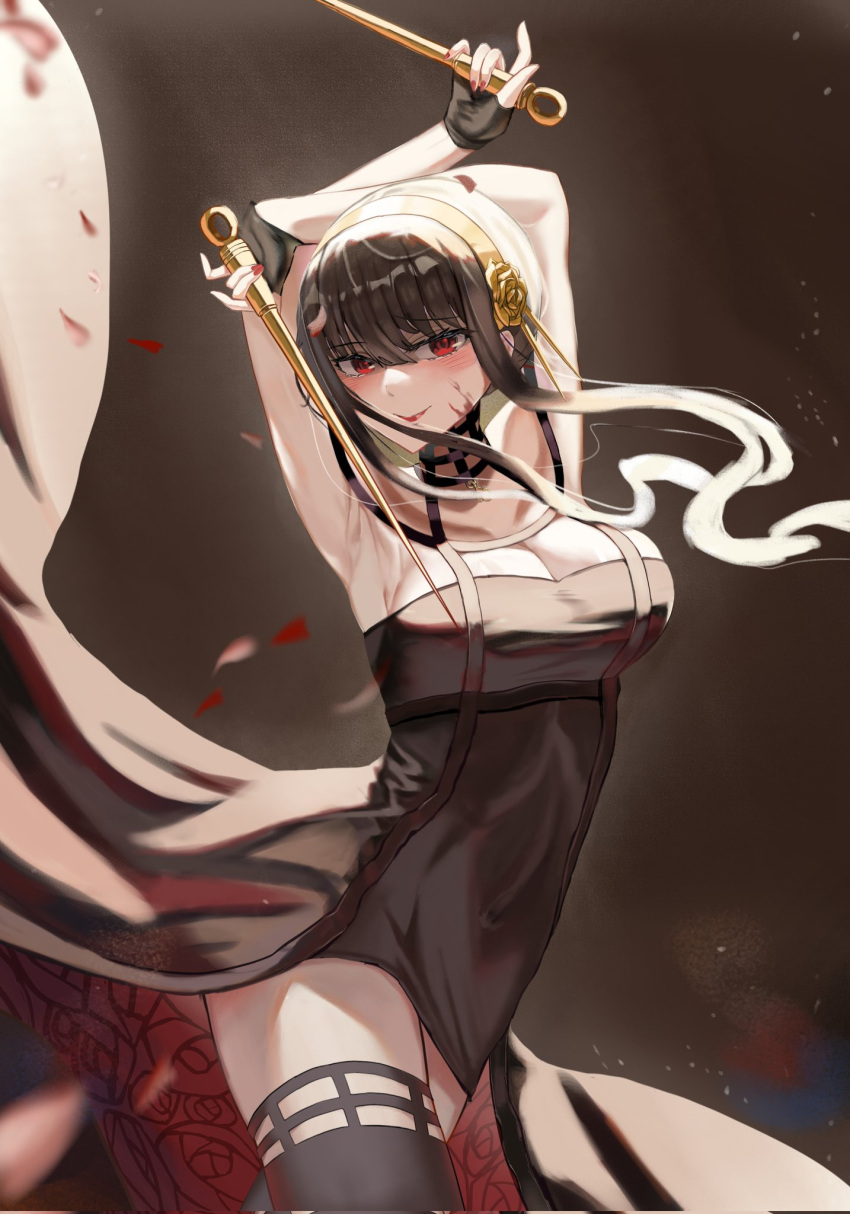 1girl armpits arms_up black_background black_dress black_gloves black_hair black_legwear blood blood_on_face boots breasts cleavage cowboy_shot dagger dress dual_wielding earrings gloves hairband half-closed_eyes highres holding holding_weapon jewelry knife large_breasts looking_at_viewer multicolored_clothes multicolored_dress red_dress rose_hair_ornament scytluzt simple_background sleeveless sleeveless_dress smile spy_x_family thigh_boots thighhighs weapon yor_briar