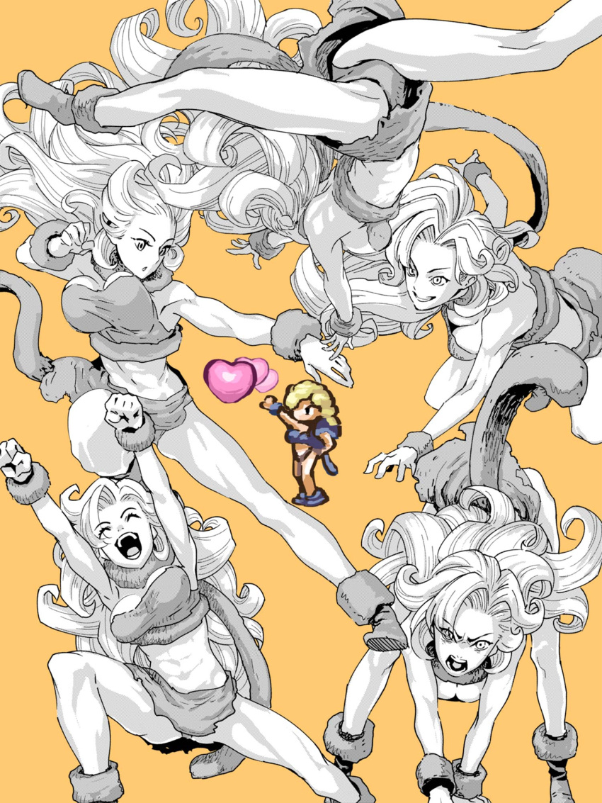 1girl attack ayla_(chrono_trigger) blonde_hair breasts chrono_trigger cleavage curly_hair feet_out_of_frame fighting_stance heart highres long_hair looking_at_viewer monochrome open_mouth shiomiya_iruka simple_background smile solo