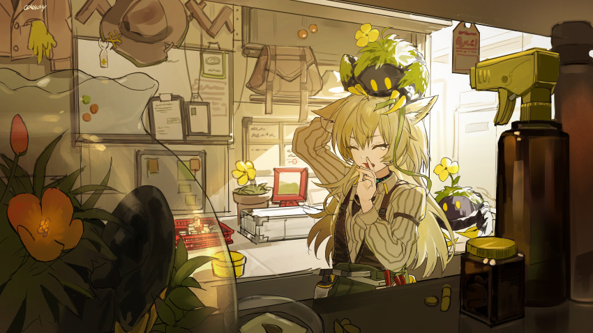 1girl absurdres animal_ear_fluff animal_ears animal_on_head arknights bag beanstalk_(arknights) belt blonde_hair bottle brown_bag brown_headwear brown_jacket brown_vest cabinet clipboard closed_eyes clothes_on_wall commentary_request container counter cowboy_hat crab fishbowl flower hat highres hyena_ears hyena_girl indoors infection_monitor_(arknights) jacket long_hair long_sleeves medicine medicine_bottle metal_crab_(arknights) on_head open_mouth plant potted_plant shelf shirt signature solo spray_bottle striped striped_shirt tearing_up tool_belt twice12314 upper_body vest whiteboard yawning yellow_flower