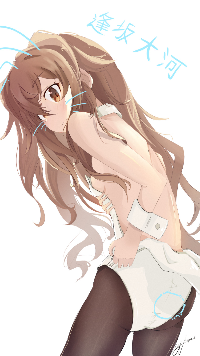 1girl absurdres aisaka_taiga animal_ears bangs bare_back black_legwear breasts brown_eyes brown_hair character_name collar commentary cowboy_shot cynist1 english_commentary facial_mark hair_over_one_eye highres leotard light_blush long_hair looking_down pantyhose rabbit_ears rabbit_tail signature simple_background small_breasts solo sweatdrop tail toradora! unzipping wavy_mouth whisker_markings white_background white_collar white_leotard wrist_cuffs