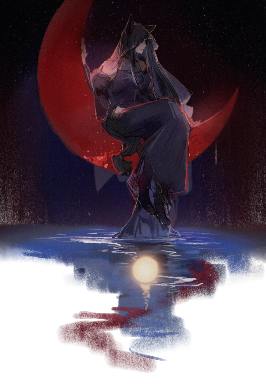 1girl absurdres airrs bare_shoulders black_dress black_hair black_veil crescent_moon dress evernight_goddess goddess hidden_face highres lips long_hair lord_of_the_mysteries moon night parted_lips red_moon reflection ripples sitting teeth wolf_girl