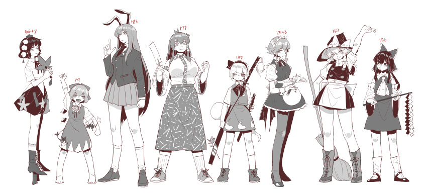 6+girls absurdres animal_ears apron barefoot black_hair black_skirt blazer blush boots bow braid breasts broom cirno closed_eyes closed_mouth collared_shirt commentary_request crescent crescent_pin detached_sleeves dress finger_gun frilled_hat frills frog_hair_ornament frogsnake gohei hair_bow hair_ornament hair_tubes hakurei_reimu hat height_chart height_difference high_heels highres incredibly_absurdres izayoi_sakuya jacket katana kirisame_marisa knife kochiya_sanae konpaku_youmu konpaku_youmu_(ghost) large_breasts leaf_fan long_hair long_skirt maid maid_apron maid_headdress multiple_girls nail_polish neckerchief nontraditional_miko oonusa open_mouth pantyhose pleated_skirt rabbit_ears reisen_udongein_inaba shameimaru_aya shirt shoes short_sleeves skirt sneakers socks sword tokin_hat touhou waist_bow weapon white_background white_shirt wings witch_hat wrist_cuffs