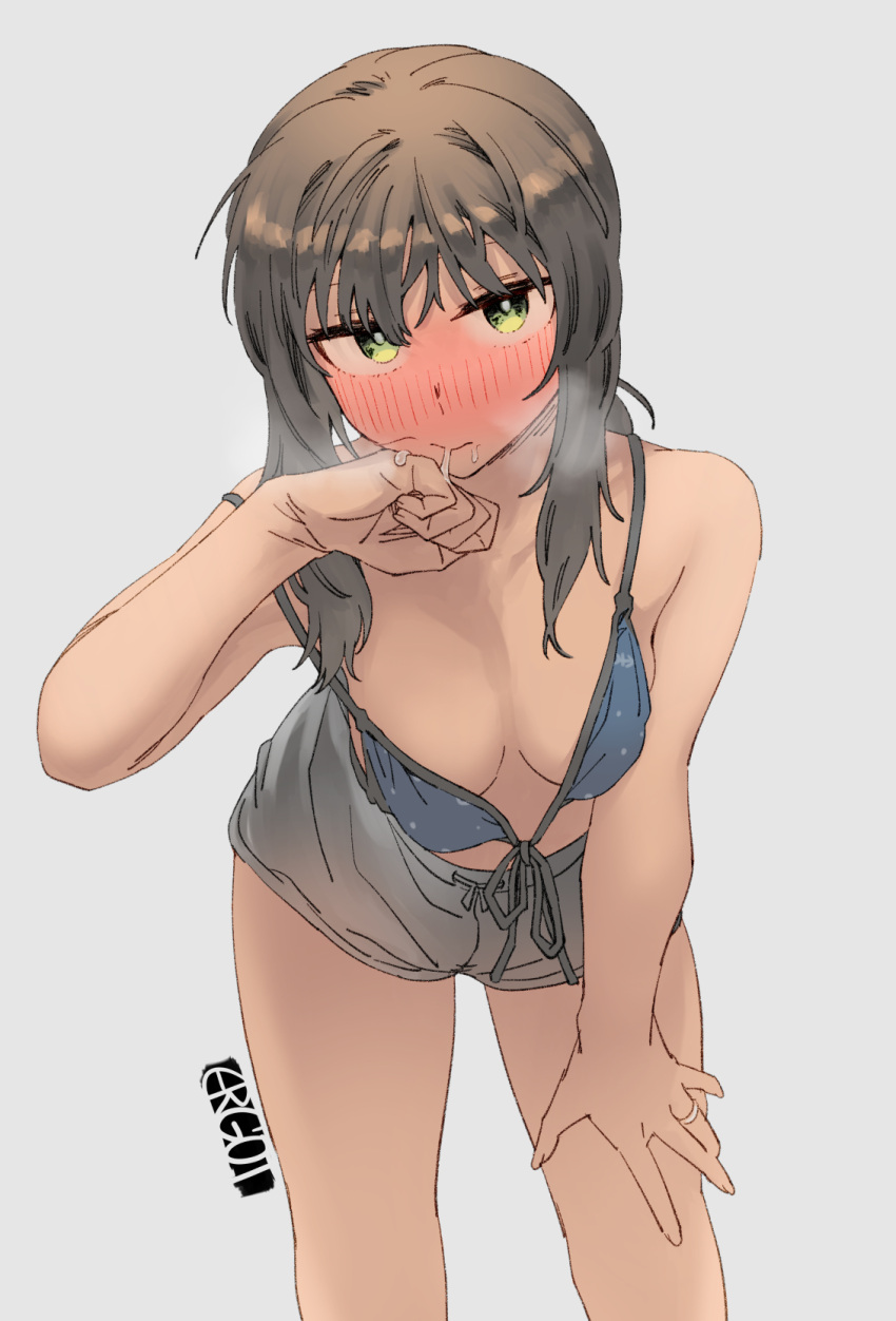 1girl artist_logo artist_name bare_arms bare_shoulders bikini black_hair blue_bikini blush breasts closed_mouth ergot feet_out_of_frame fubuki_(kancolle) green_eyes grey_background grey_shorts highres jewelry kantai_collection polka_dot polka_dot_bikini ring short_hair short_ponytail shorts simple_background small_breasts solo swimsuit wedding_band