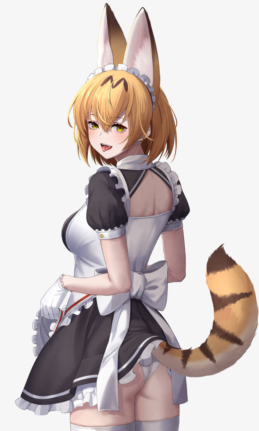 1girl :d absurdres animal_ear_fluff animal_ears apron apron_lift ass back_cutout bangs blonde_hair breasts clothing_cutout cowboy_shot deku_suke ear_piercing extra_ears fangs frills from_behind gloves hair_between_eyes highres kemono_friends lifted_by_self looking_at_viewer looking_back maid maid_headdress medium_breasts official_alternate_costume open_mouth panties piercing puffy_short_sleeves puffy_sleeves serval_(kemono_friends) short_hair short_sleeves simple_background smile solo tail thighhighs tongue tongue_out underwear waist_apron white_background white_gloves white_legwear white_panties yellow_eyes