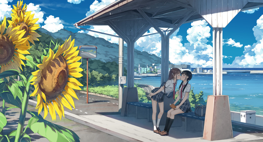 2girls bag black_hair black_legwear blue_skirt boat book brown_hair building bus_stop city closed_eyes cloud commentary_request couple day flower grass hair_ornament hairclip highres holding holding_book kantoku kiss kiss_day kneehighs leaning_forward loafers medium_hair mountain multiple_girls necktie ocean original outdoors plaid plaid_skirt pole road scenery school_uniform shade shoes short_sleeves sitting skirt sky socks standing summer sunflower twintails uniform watercraft white_legwear wide_shot yuri