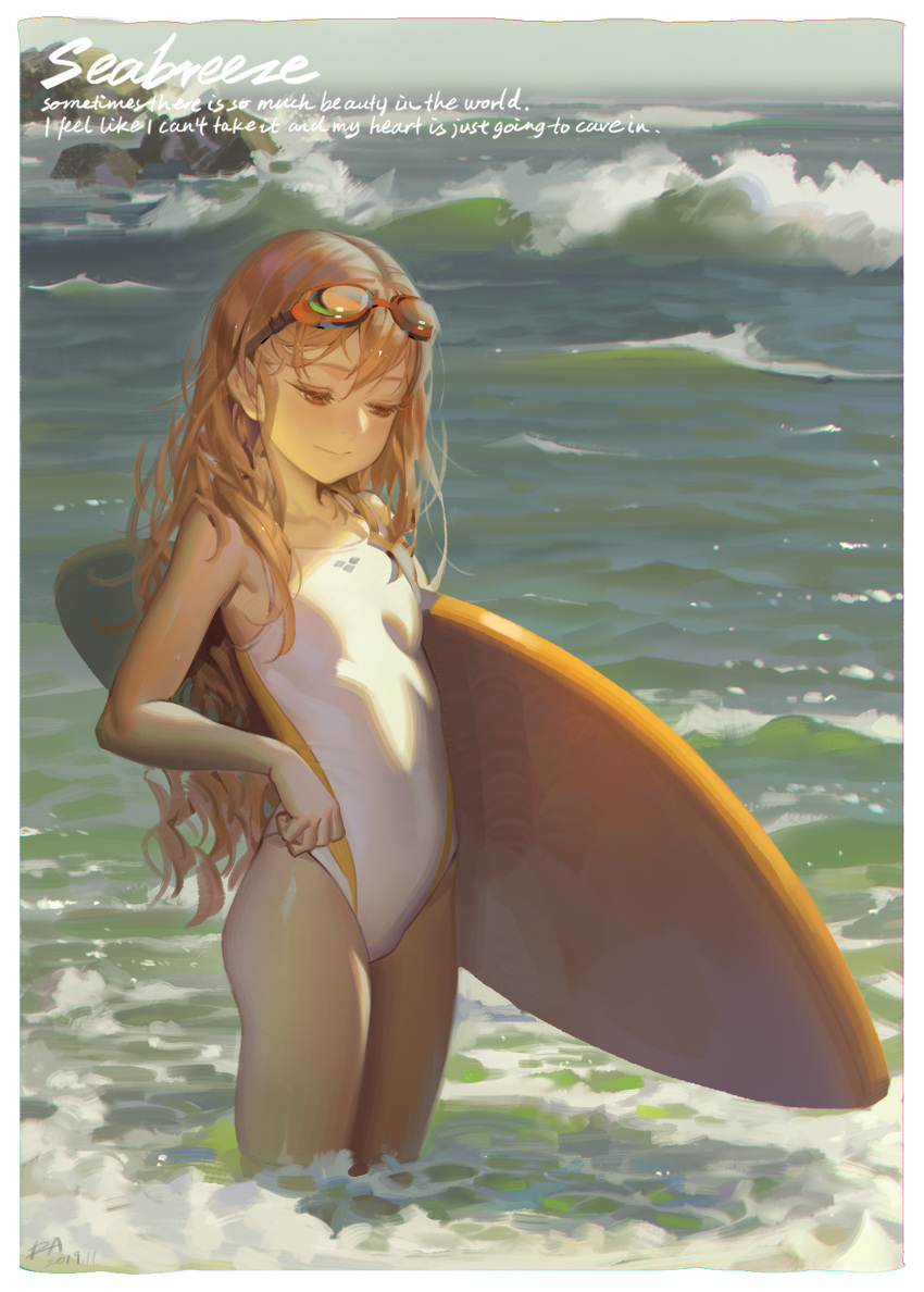 1girl absurdres alphonse_(white_datura) bangs bare_arms bare_shoulders border breasts brown_eyes brown_hair closed_mouth commentary competition_swimsuit day english_text goggles goggles_on_head highres long_hair looking_down ocean one-piece_swimsuit original photoshop_(medium) revision small_breasts smile solo sunlight surfboard swimsuit thighs very_long_hair wading water waves white_border white_swimsuit