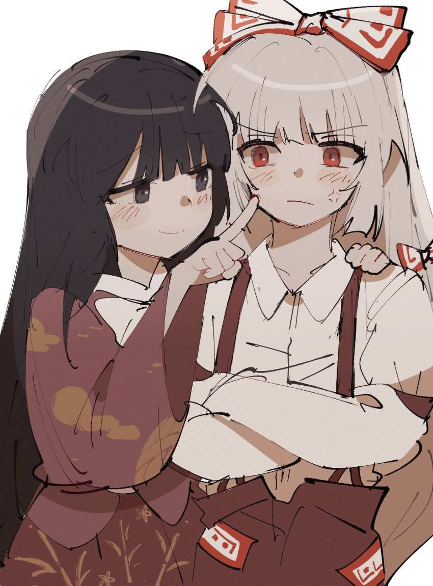 2girls anger_vein arm_strap baggy_pants bamboo_print black_hair bow cheek_poking cloud_print collared_shirt commentary crossed_arms eyebrows_visible_through_hair frown fujiwara_no_mokou full_body grey_eyes hair_bow hand_on_another's_shoulder highres hime_cut houraisan_kaguya japanese_clothes long_hair long_sleeves looking_at_another multiple_girls ofuda ofuda_on_clothes pants pink_shirt poking rbfnrbf_(mandarin) red_eyes red_pants red_skirt shirt skirt smile suspenders touhou white_bow white_hair white_shirt wide_sleeves